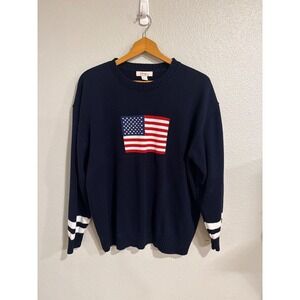 Honey Peach American Flag Sweater Women Large Navy Blue 87 Graphic Knit Pullover